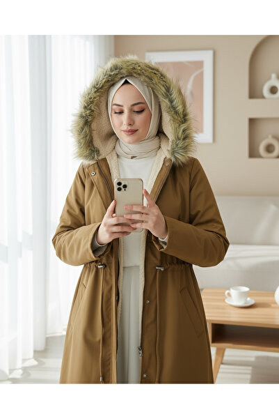 Modamorfo Plush Inside Fixed Hood Tunnel Lace-Up Long Coat - Tan