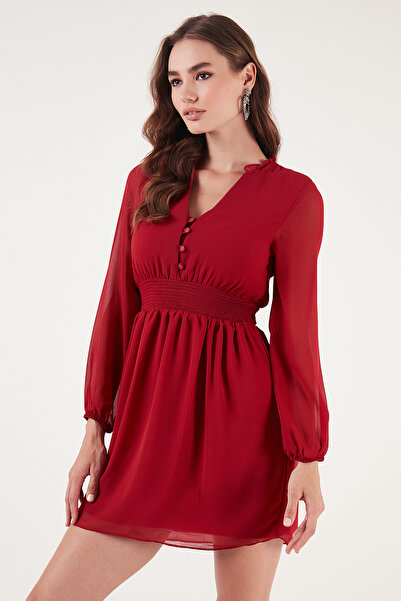 Lela V-Neck Regular Fit Gipeli Button Detailed Chiffon Mini Evening Dress Dress 611El01433