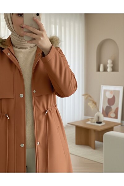 Modamorfo Plush Inside Fixed Hooded Tunnel Lace up Long Coat -Mustard