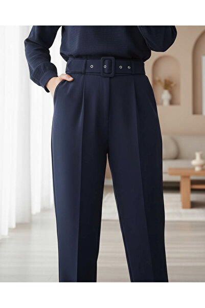 Modamorfo Thick Belted Fabric Trousers - Navy
