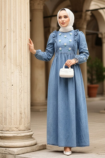 Neva Style Rochie din denim hijab albastru închis cu modele florale 19145KM