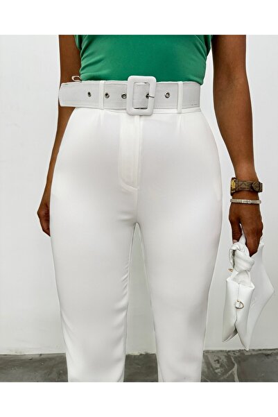 Modamorfo Thick Belted Fabric Trousers -Ecru