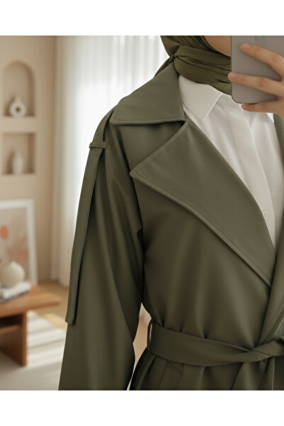 Modamorfo Stone Detailed Balloon Sleeve Trench Coat with Brooch - Khaki