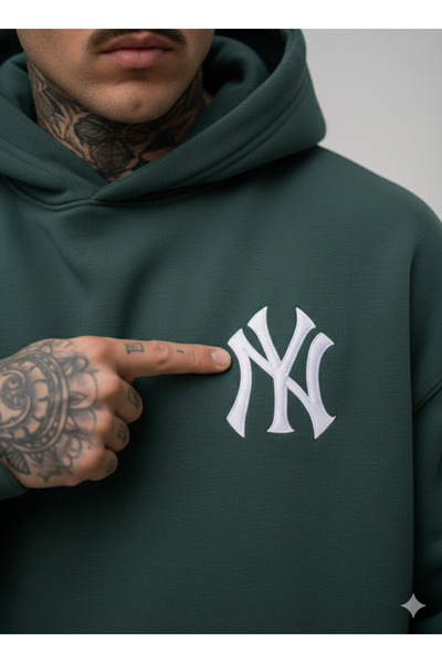 NİCE Чоловічий зелений на спині світшот з принтом NY з капюшоном