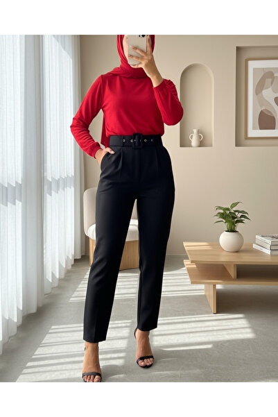 Modamorfo Thick Belted Fabric Trousers -Black