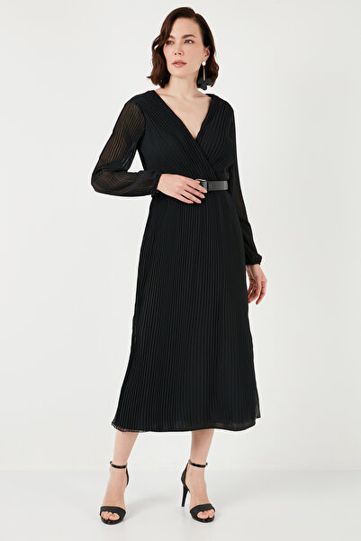 Lela Double-Breasted Neckline Long Sleeve Chiffon Evening Dress with Pleated Belt Dress 611El00471