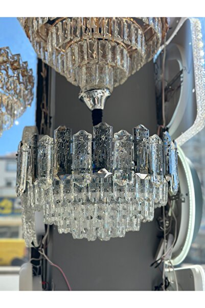 Led 50 CM KRİSTAL LÜX SALON AVİZESİ KROM İTHAL KASA 10 Ampül