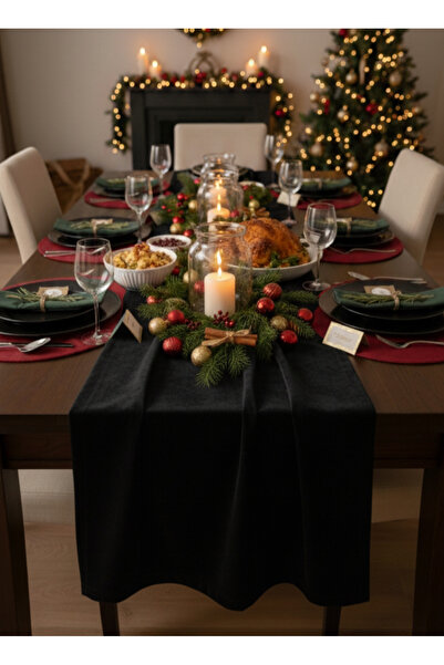 PİKKO HOME 40*140 cm Siyah Kadife Dokulu Dertsiz Runner(Yılbaşı)