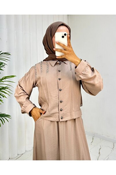 Modamorfo Jacket Skirt Linen Suit with Stones on the Shoulder Buttons -Mink