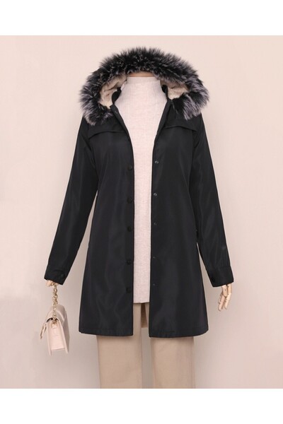 Modamorfo Krátký kabát s kapucí a kapsami - černý