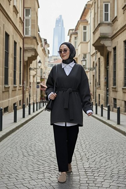 CHUL KAŞE KEMERLİ V YAKA TUNİK - ANTRASİT - GENİŞ BEDEN ARALIĞI