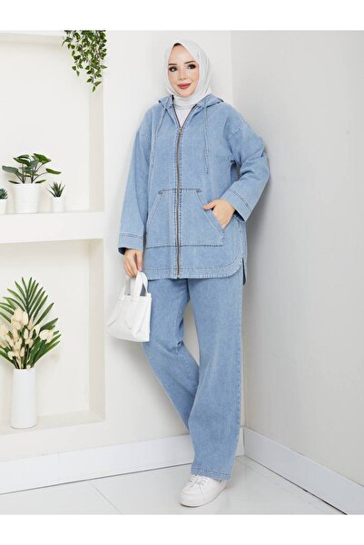 MissPul طقم نسائي مكون من قطعتين مع جيب بسحاب - أزرق ثلجي