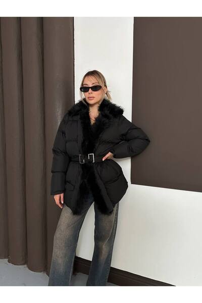 timagna Kadın Şişme Mont Kemer Detaylı Yakası Kürklü Çift Cepli Yeni Sezon Dı...