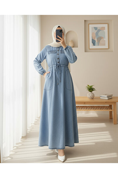 Modamorfo Τζιν φόρεμα Ice Blue Stone με λεπτομέρεια τσέπης με κορδόνια