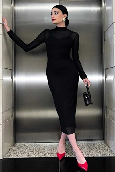 LEYLA SAĞLAM Kadın Siyah Astarlı Yarım Balıkçı Yaka Uzun Kol Tüllü Abiye Elbise