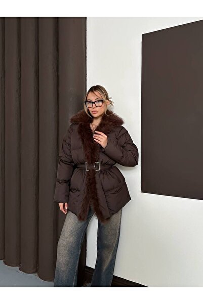 timagna Kadın Şişme Mont Kemer Detaylı Yakası Kürklü Çift Cepli Yeni Sezon Dı...