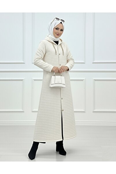 Modamorfo Long Quilted Coat with Chain Detail on the Collar - Beige