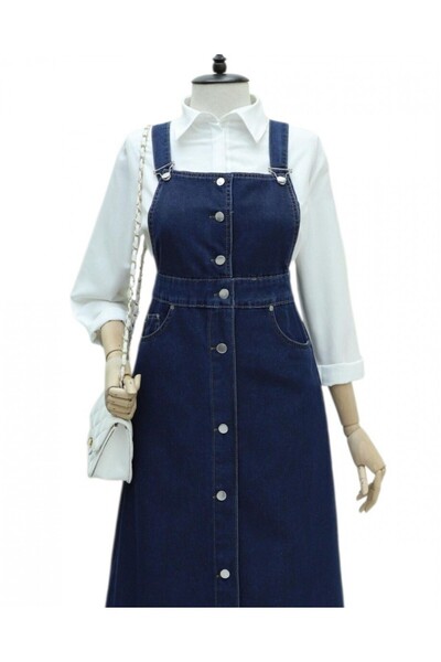 Modamorfo Skirt with Tassel Detail, Buttoned Front, Pocketed Denim Salopet - Navy