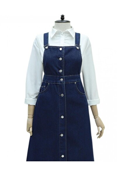 Modamorfo Skirt with Tassel Detail, Buttoned Front, Pocketed Denim Salopet - Navy