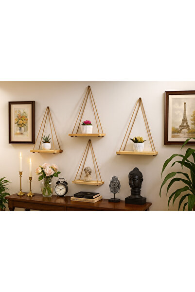 pinoxi 4 Adet Dekoratif Ahşap Halatlı Duvar Rafı Kitaplık & Çiçeklik Uçan Raf