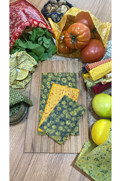 Home Papatya Desen Tekrar Kullanılabilen Doğal Balmumlu (BALMUMU) Gıda Saklama Kumaş Bez 3’lü