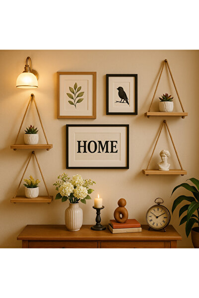 pinoxi 4 Adet Dekoratif Ahşap Halatlı Duvar Rafı Kitaplık & Çiçeklik Uçan Raf