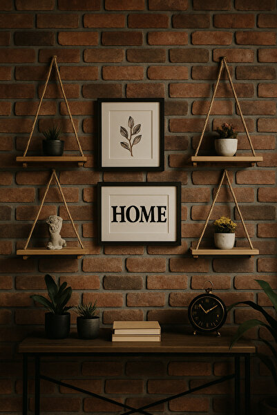 pinoxi 4 Adet Dekoratif Ahşap Halatlı Duvar Rafı Kitaplık & Çiçeklik Uçan Raf