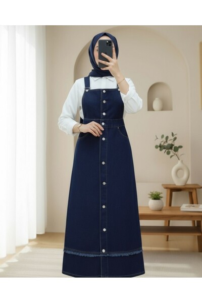 Modamorfo Skirt with Tassel Detail, Buttoned Front, Pocketed Denim Salopet - Navy