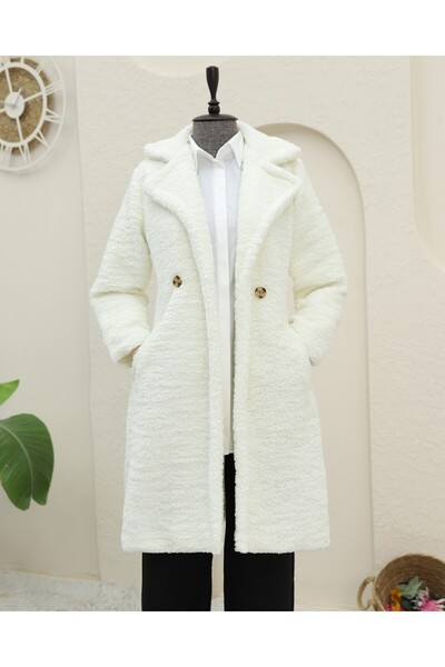 Modamorfo Double buttoned lined side pocket plush coat - ecru