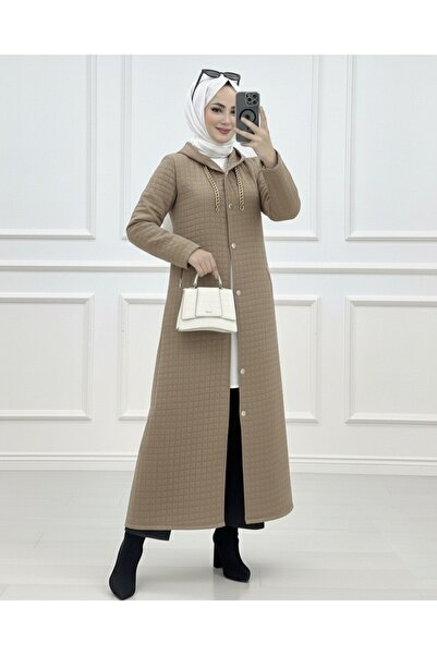 Modamorfo Long Quilted Coat with Chain Detail on the Collar - Mink