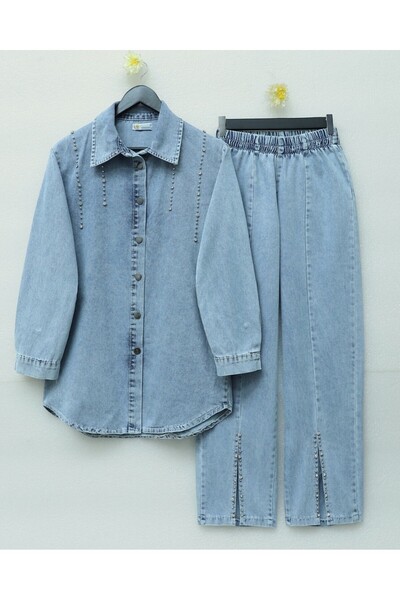 Modamorfo Dupla farmer szett szakadt szárral és kővel - jégkék