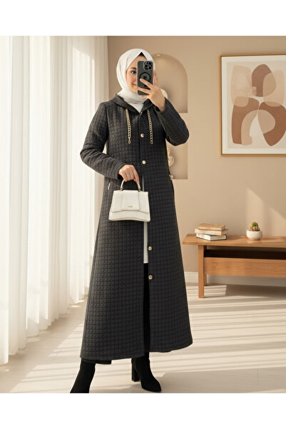 Modamorfo Long Quilted Coat with Chain Detail on Collar - Black
