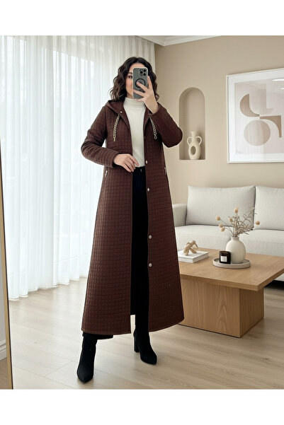 Modamorfo Long Quilted Coat with Chain Detail on the Collar - K. Brown