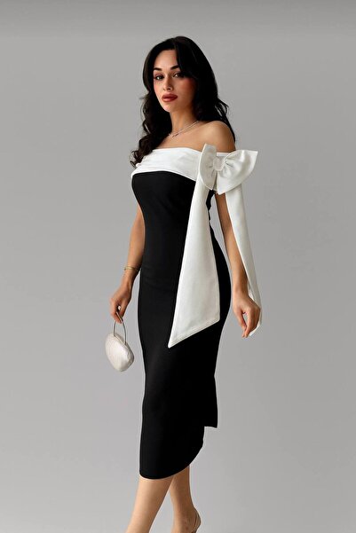 Varyete Βραδινό φόρεμα κρεπ μεσαίου μήκους με σκίσιμο λεπτομέρεια, διπλό χρώμα, φόρεμα αποφοίτησης για γάμο και αρραβώνα