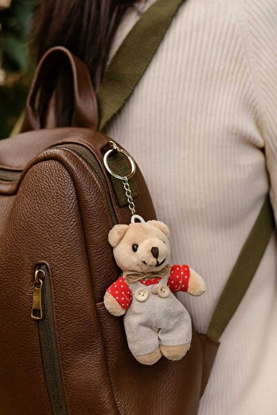 Şirin 11 cm Peluş Ayıcık Anahtarlık – Kırmızı Üstlü Tulumlu Teddy Bear