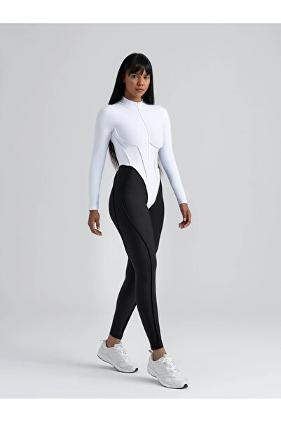 lismina Beyaz Siyah Sculpt Line Uzun Kollu Spor Tayt Tulum