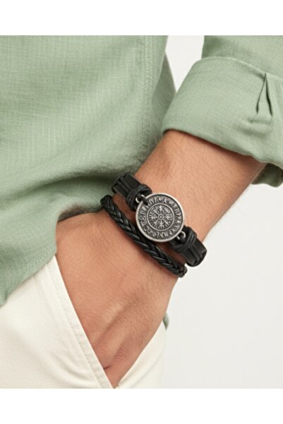 AB Takı مجموعة من 2 أساور من الجلد الطبيعي على الموضة مع شكل بوصلة Vegvisir