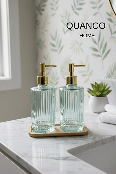 quanco Sabunluk/Ahşap Standlı-2'li Arina Cam Sabunluk-Altın Detaylı-İster Ban...