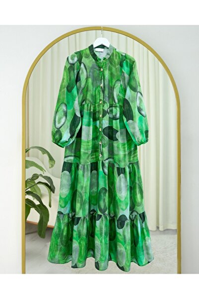 Modamorfo Circle Pattern Half Button Sleeve Elastic Dress -Dark Green