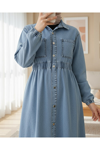 Modamorfo فستان من الدنيم باللون الأزرق الجليدي - بخصر مطاطي وجيب جانبي