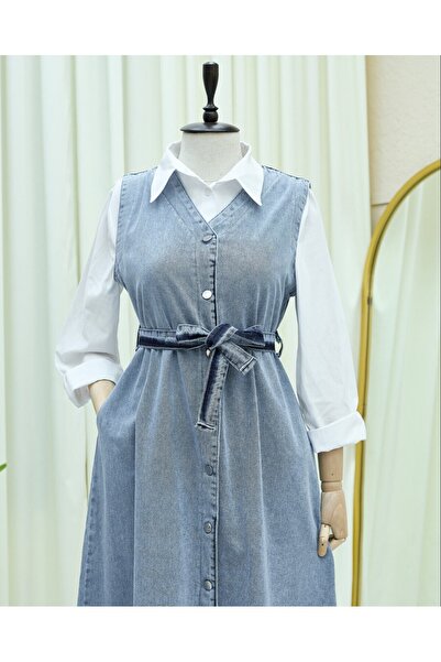 Modamorfo Τζιν γιλέκο με δεμένη μέση και κουμπωτές τσέπες στο μπροστινό μέρος - Ice Blue