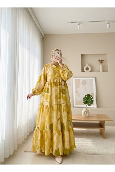 Modamorfo Circle Pattern Half Button Sleeve Elastic Dress -Yellow