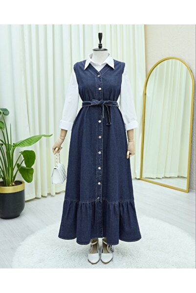 Modamorfo Buttoned Front Denim Gilet with Tie Waist and Pockets - Navy