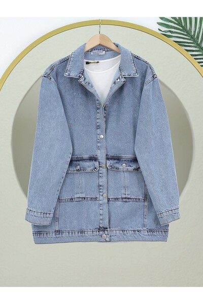Modamorfo Ice Blue Sprinkled Stone Detailed Denim Jacket with Flap Pocket