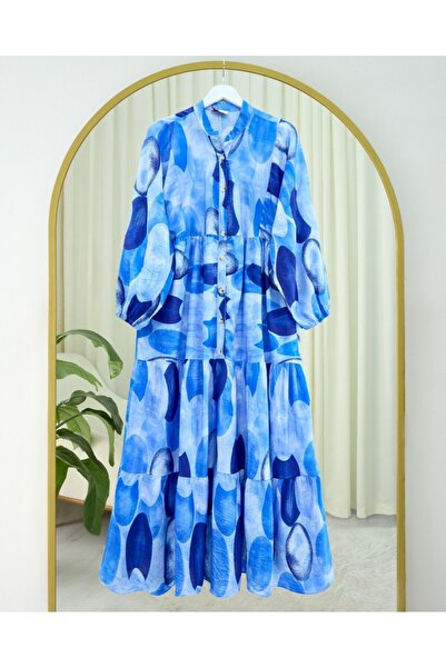 Modamorfo Circle Pattern Half Button Sleeve Elastic Dress - Dark Blue