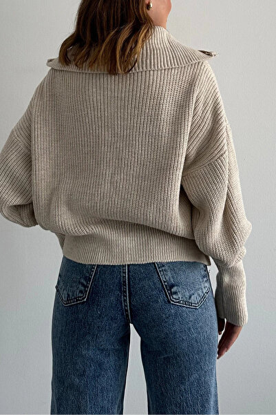 Nopen Knitwear Women's Beige Turn-Down Collar Knit Cardigan