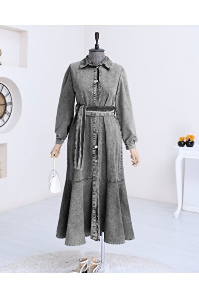 Modamorfo Gray Denim Dress with Buttons and Ruffles Hem