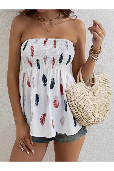 ARONA    Women's Leaf Patterned Mosskrept Strapless Blouse with Chest