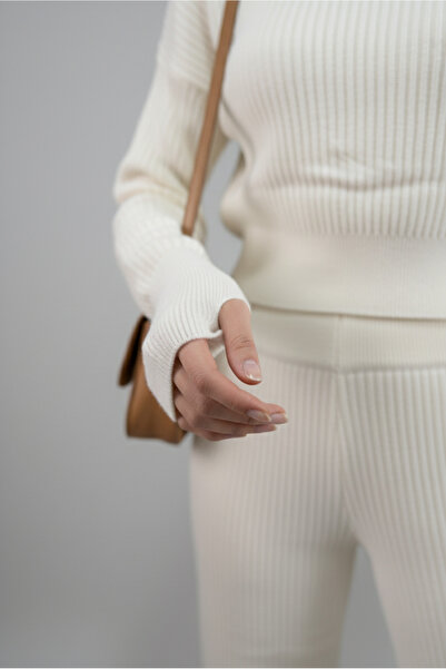 MODA Kadın Bej Fitilli Balıkçı Yaka Parmak Geçmeli Kışlık Triko Takım