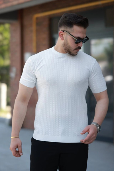 viyamen Men's Crew Neck Knit Patterned Short Knitted Knitwear Short Sleeve T-...